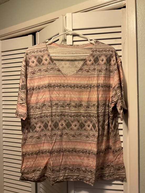 Tops - Boho Stripe V-Neck Women's Top in Peach and Taupe